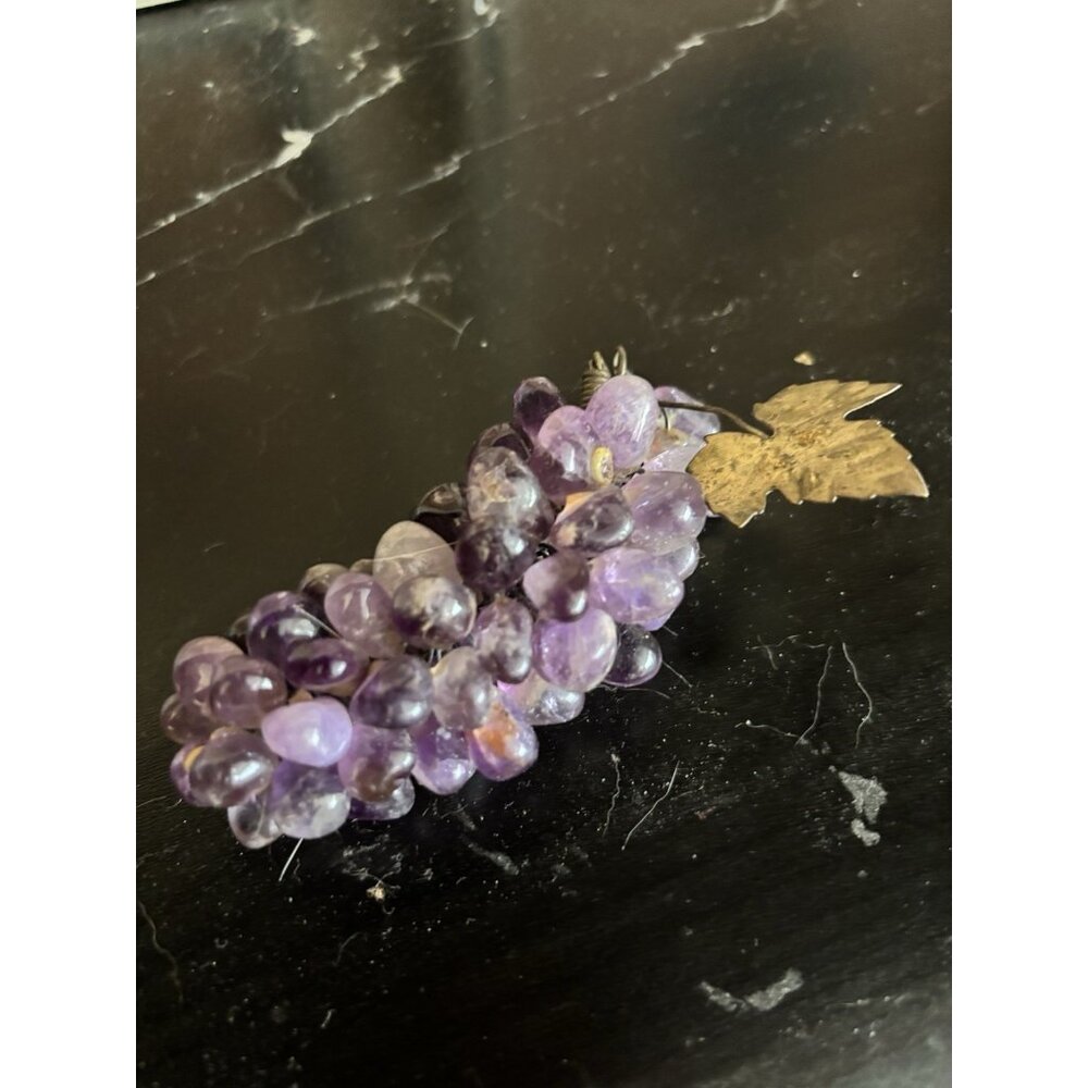 Vintage Gorgeous Purple Amethyst Grape Cluster with Metal Leaf 4”